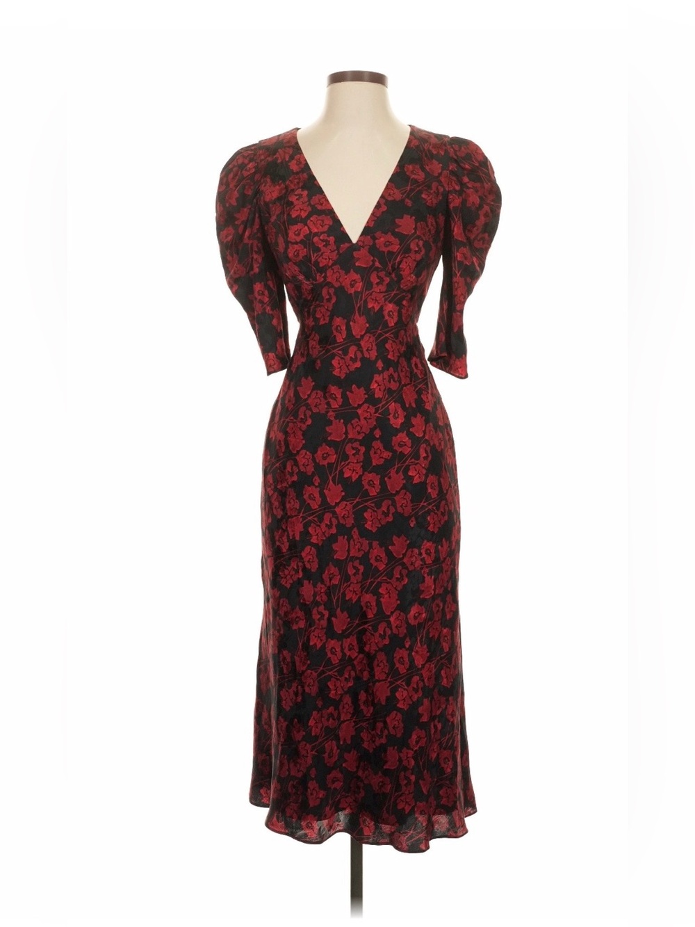 Saloni silk Red Floral V-Neck Midi Dress